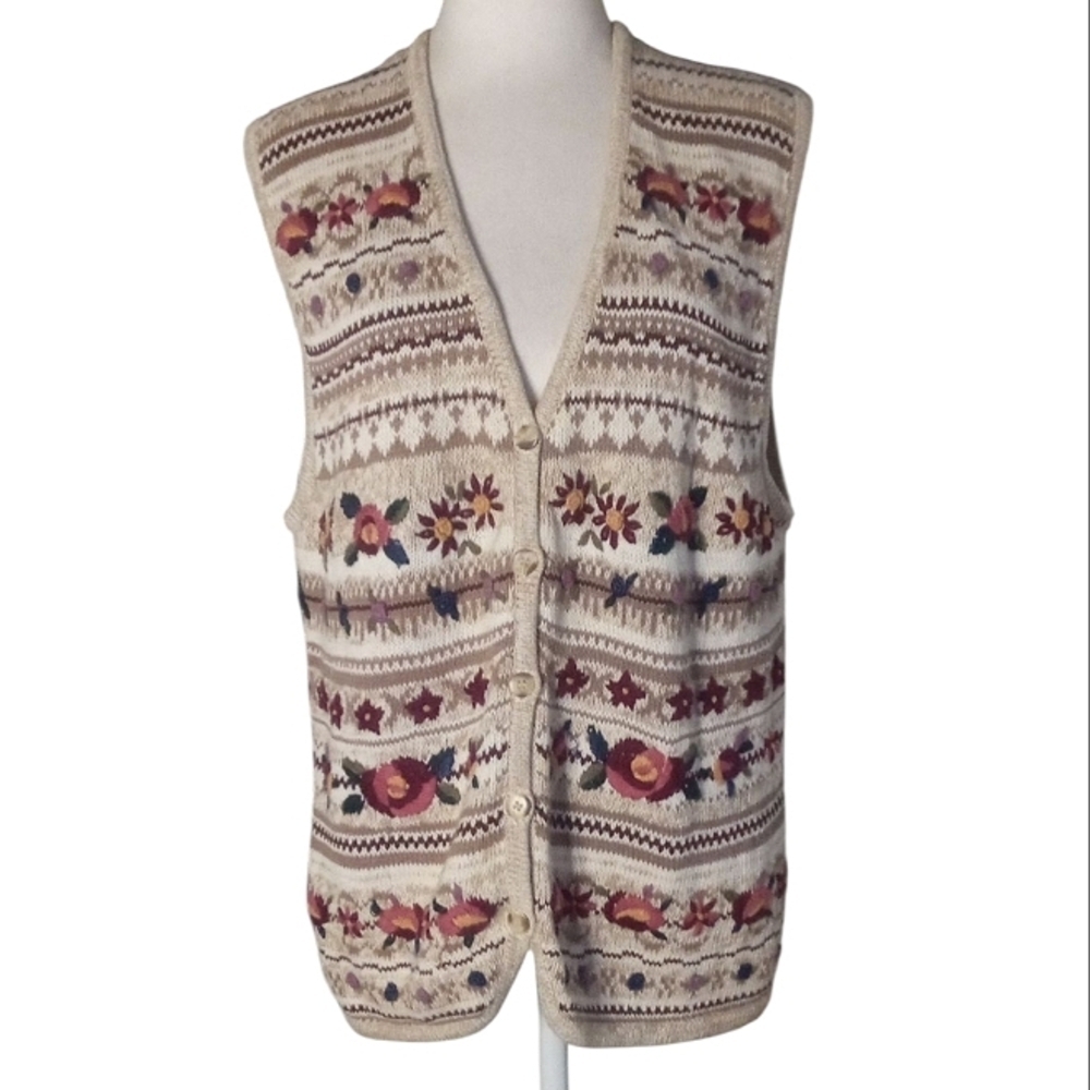 Vintage White Stag Floral Embroidered Stripe Cottage Style Vest Cotton Large